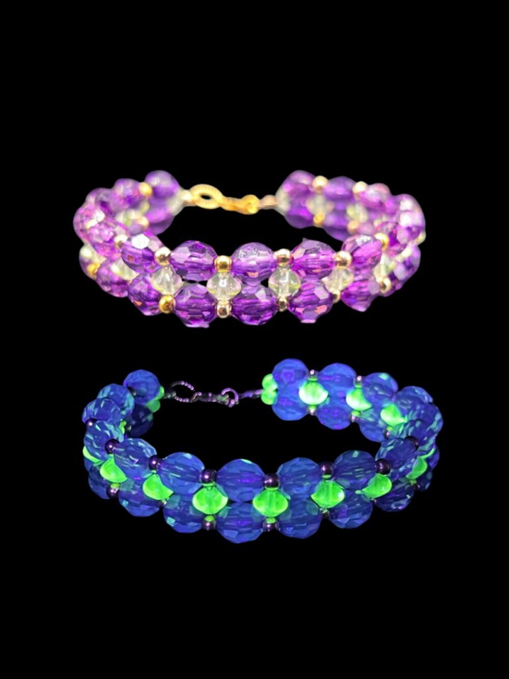 Handmade Uranium Glass Beaded Bracelet Purple and Yellow-Green 8" in Gift Box